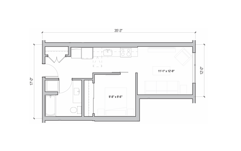 0.01 - 1 bedroom floorplan layout with 1 bath and 526 to 596 square feet. (2D)