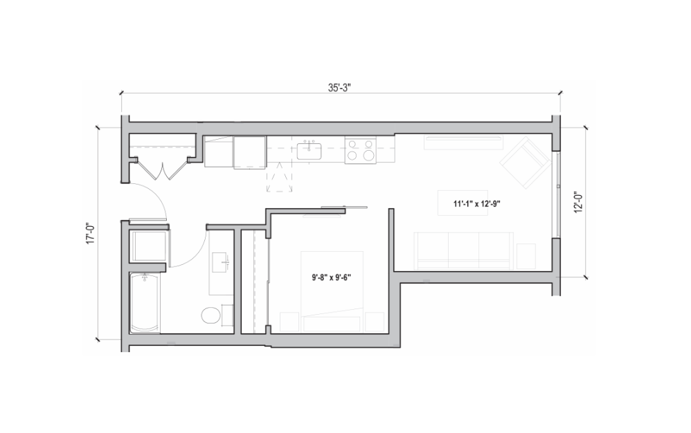 0.01 - 1 bedroom floorplan layout with 1 bathroom and 526 - 596 square feet (2D)