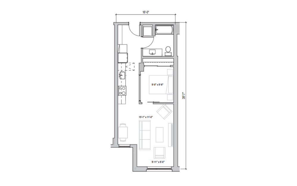 0.02 - 1 bedroom floorplan layout with 1 bath and 560 to 620 square feet. (2D)