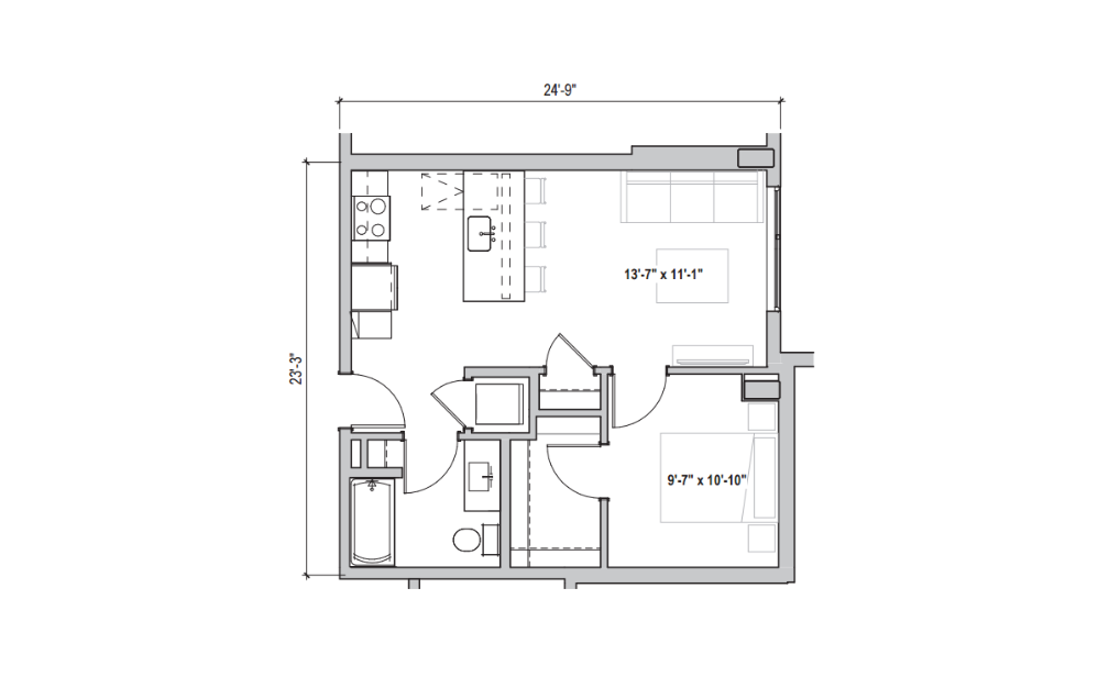 0.03 - 1 bedroom floorplan layout with 1 bath and 579 to 596 square feet. (2D)