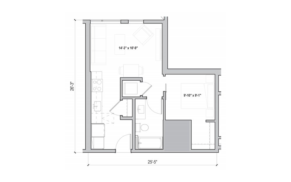 0.04 - 1 bedroom floorplan layout with 1 bath and 564 to 569 square feet. (2D)
