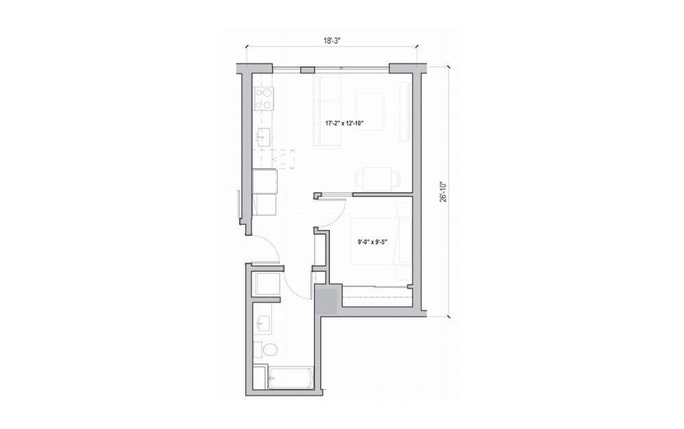 0.05 - 1 bedroom floorplan layout with 1 bath and 536 to 540 square feet. (2D)