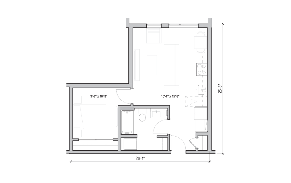 0.07 - 1 bedroom floorplan layout with 1 bath and 584 square feet. (2D)
