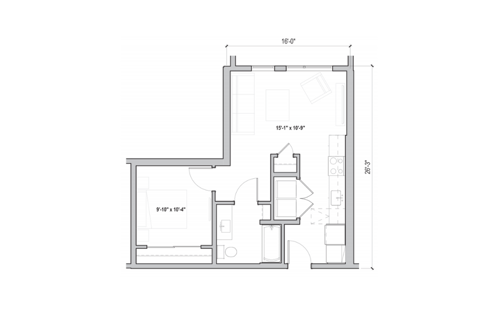 0.07-A - 1 bedroom floorplan layout with 1 bath and 582 to 592 square feet. (2D)