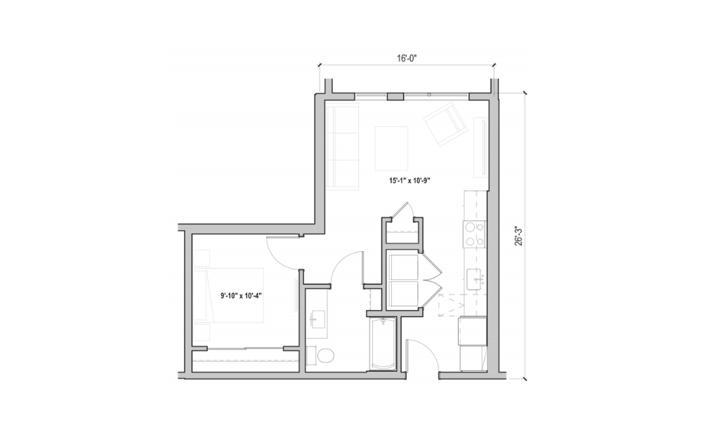 0.07-A - 1 bedroom floorplan layout with 1 bathroom and 582 - 592 square feet (2D)