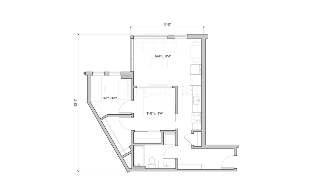 0.09 + D - 1 bedroom floorplan layout with 1 bath and 756 square feet. (2D)
