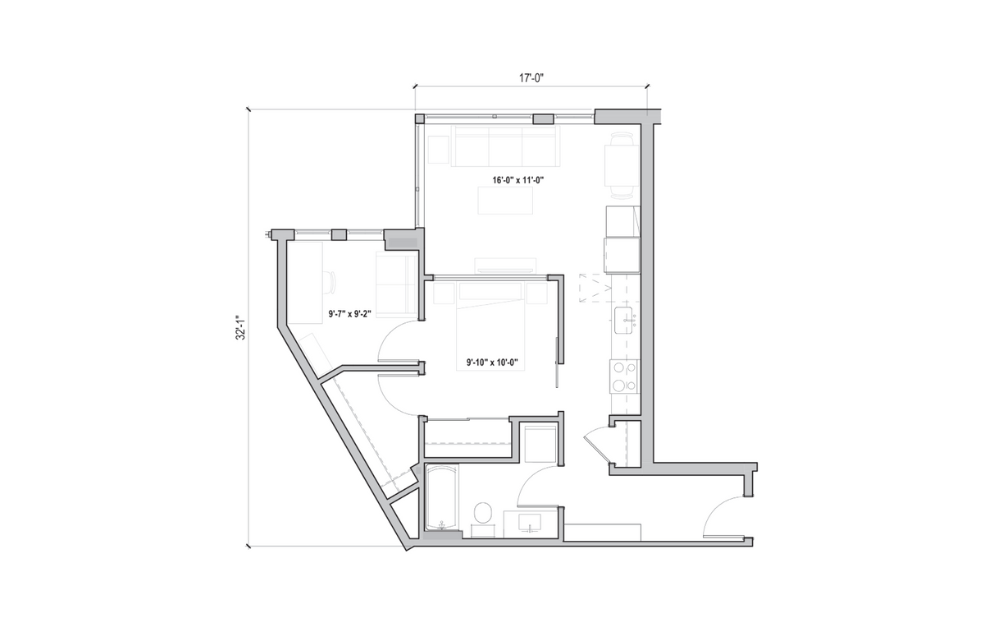 0.09 + D - 1 bedroom floorplan layout with 1 bathroom and 756 square feet (2D)