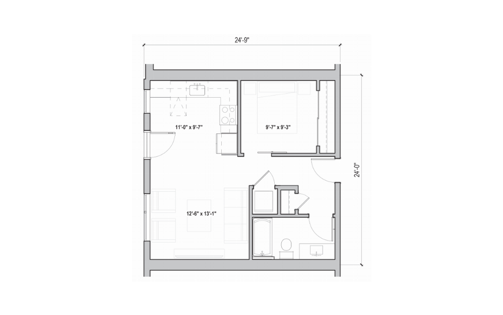 0.10 - 1 bedroom floorplan layout with 1 bath and 588 square feet. (2D)