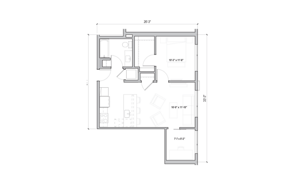 1.01 + D - 1 bedroom floorplan layout with 1 bath and 690 to 700 square feet. (2D)