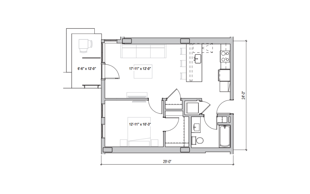 1.01 - 1 bedroom floorplan layout with 1 bath and 618 to 690 square feet. (2D)