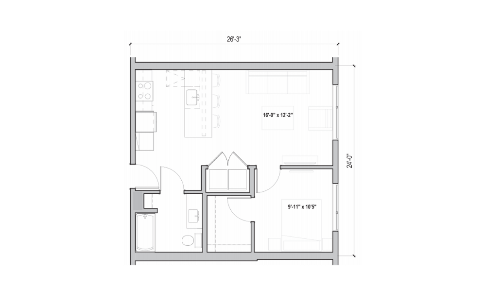 1.01-A - 1 bedroom floorplan layout with 1 bath and 624 square feet. (2D)