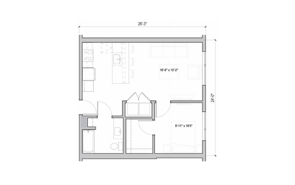 1.01-A - 1 bedroom floorplan layout with 1 bathroom and 624 square feet (2D)