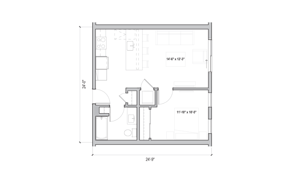 1.02 - 1 bedroom floorplan layout with 1 bath and 588 square feet. (2D)
