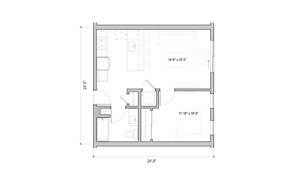 1.02 - 1 bedroom floorplan layout with 1 bathroom and 588 square feet (2D)