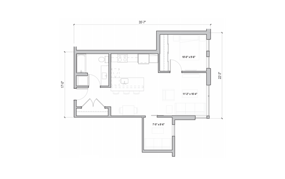 1.03 + D - 1 bedroom floorplan layout with 1 bath and 731 to 739 square feet. (2D)
