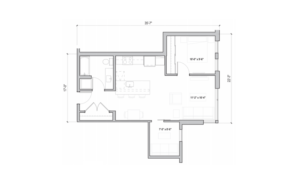 1.03 + D - 1 bedroom floorplan layout with 1 bathroom and 731 - 739 square feet (2D)