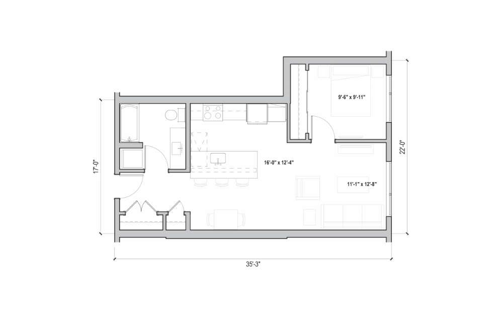 1.03 - 1 bedroom floorplan layout with 1 bath and 661 to 775 square feet. (2D)