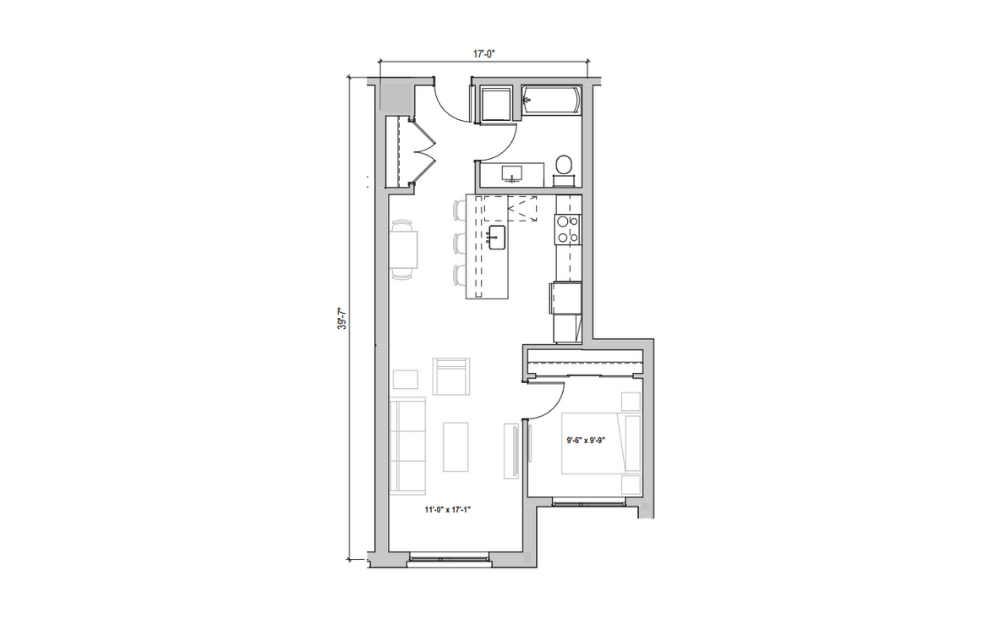 1.03 CV - 1 bedroom floorplan layout with 1 bath and 661 to 720 square feet. (2D)