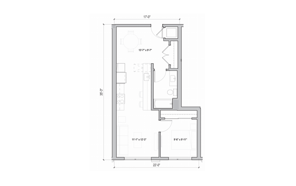 1.04  + D - 1 bedroom floorplan layout with 1 bath and 661 to 728 square feet. (2D)