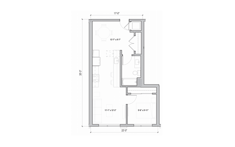 1.04  + D - 1 bedroom floorplan layout with 1 bathroom and 661 - 728 square feet (2D)