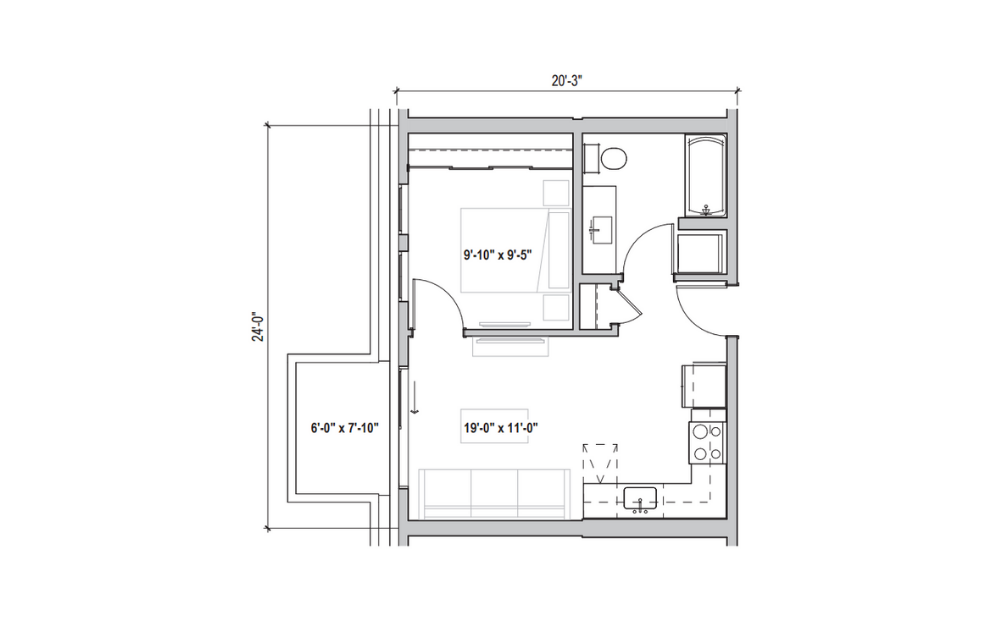 1.05 - 1 bedroom floorplan layout with 1 bath and 479 to 483 square feet. (2D)