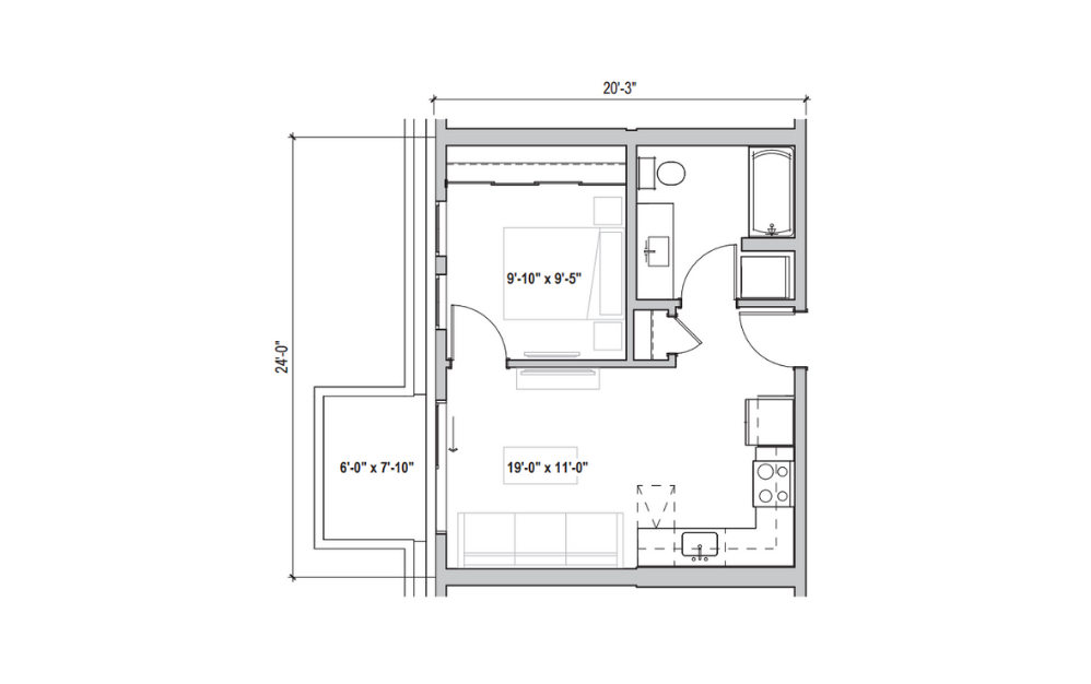 1.05 - 1 bedroom floorplan layout with 1 bathroom and 479 - 483 square feet (2D)