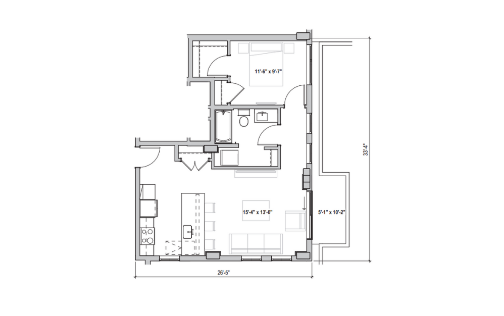 1.06 - 1 bedroom floorplan layout with 1 bath and 700 to 706 square feet. (2D)