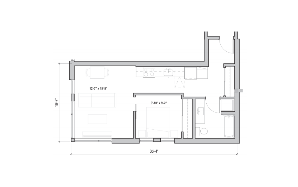 1.07 - 1 bedroom floorplan layout with 1 bath and 616 square feet. (2D)