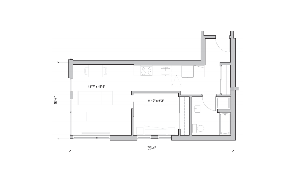 1.07 - 1 bedroom floorplan layout with 1 bathroom and 616 square feet (2D)