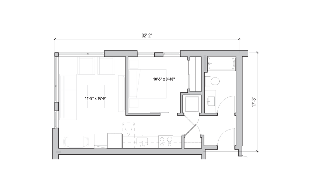 1.08 - 1 bedroom floorplan layout with 1 bath and 546 square feet. (2D)