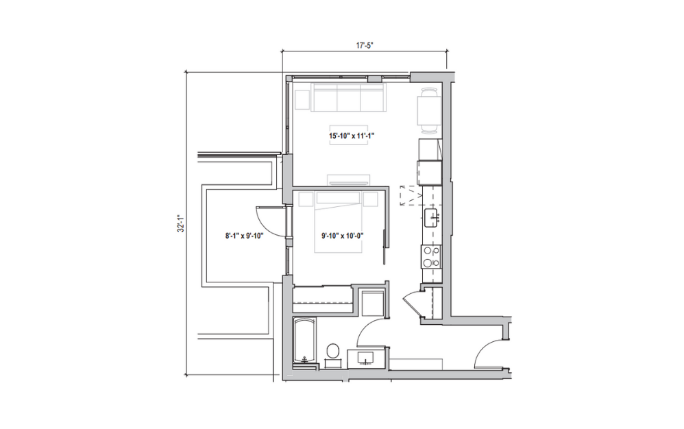 1.09 - 1 bedroom floorplan layout with 1 bath and 586 square feet. (2D)