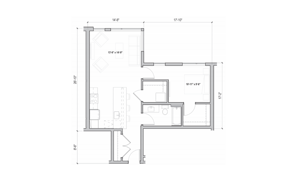 1.10 - 1 bedroom floorplan layout with 1 bath and 728 square feet. (2D)