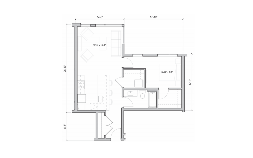 1.10 - 1 bedroom floorplan layout with 1 bathroom and 728 square feet (2D)