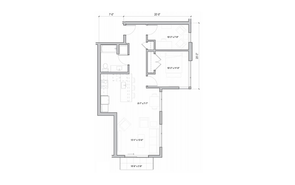 1.11 + D - 1 bedroom floorplan layout with 1 bath and 853 square feet. (2D)