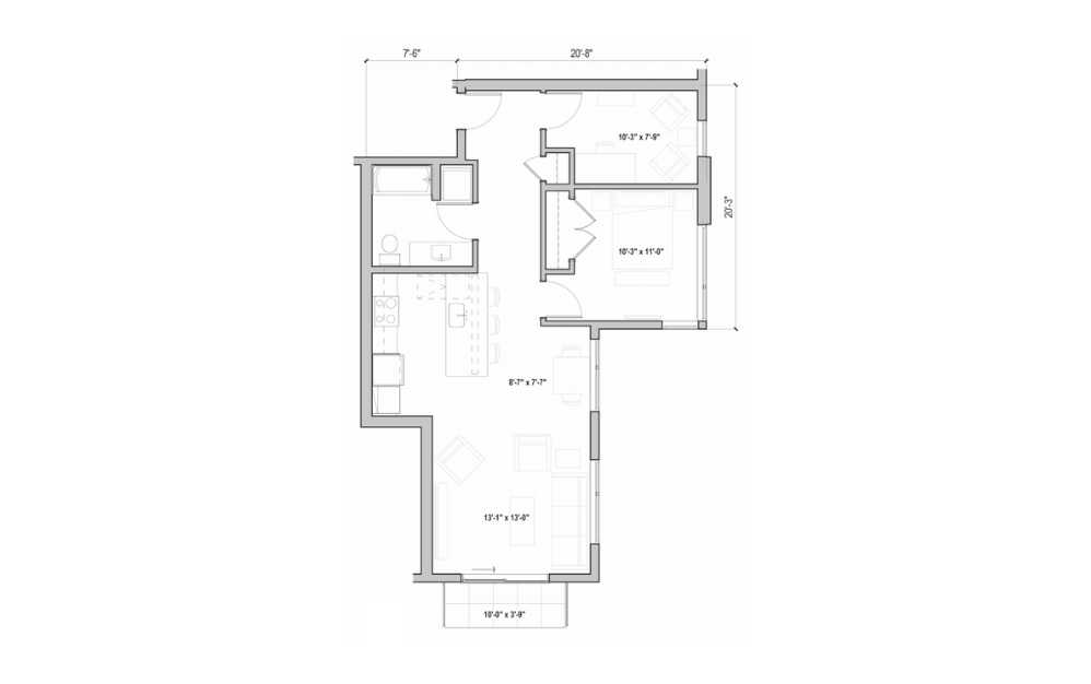 1.11 + D - 1 bedroom floorplan layout with 1 bathroom and 853 square feet (2D)