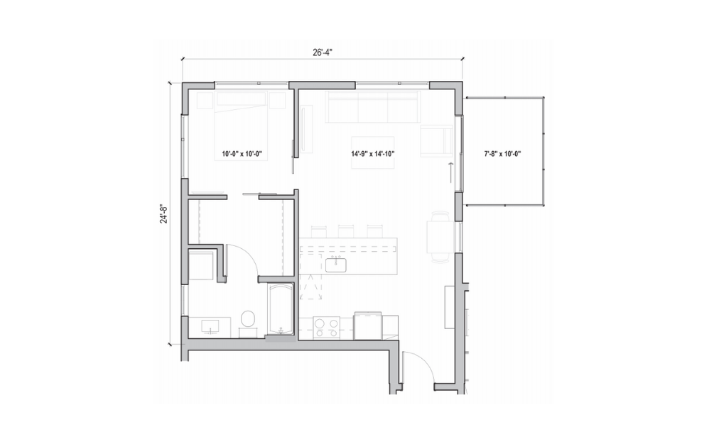 1.12 - 1 bedroom floorplan layout with 1 bath and 675 square feet. (2D)