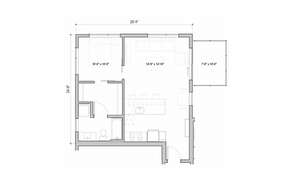 1.12 - 1 bedroom floorplan layout with 1 bathroom and 675 square feet (2D)