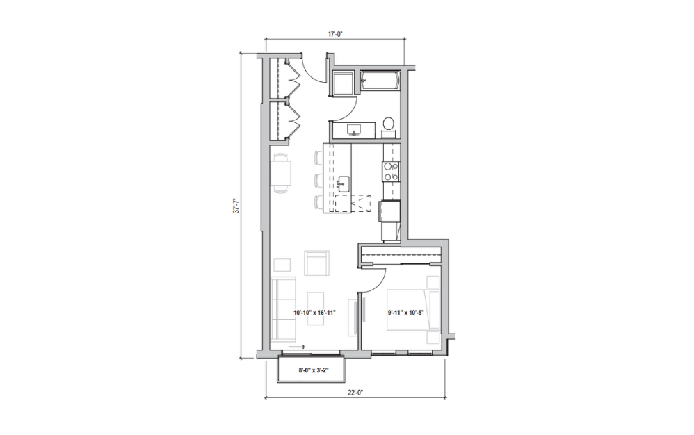 1.13 - 1 bedroom floorplan layout with 1 bath and 677 to 682 square feet. (2D)