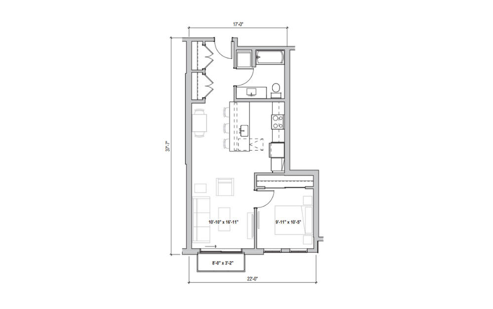 1.13 - 1 bedroom floorplan layout with 1 bathroom and 677 - 682 square feet (2D)