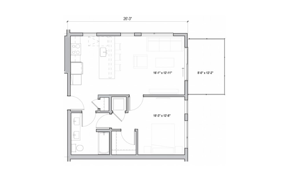 1.14 - 1 bedroom floorplan layout with 1 bath and 701 square feet. (2D)
