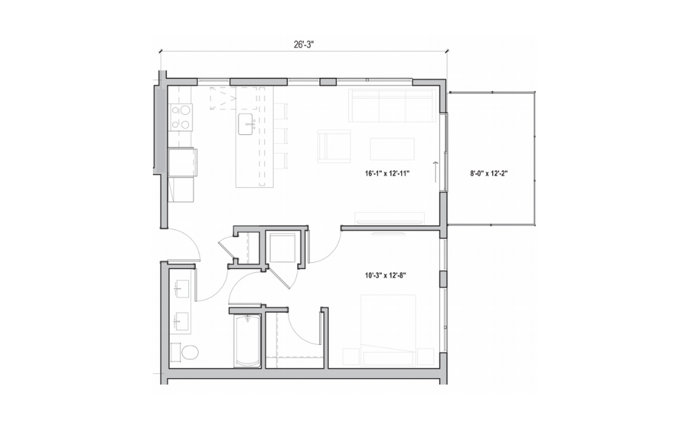 1.14 - 1 bedroom floorplan layout with 1 bathroom and 701 square feet (2D)