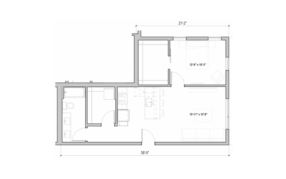 1.15 - 1 bedroom floorplan layout with 1 bath and 743 square feet. (2D)