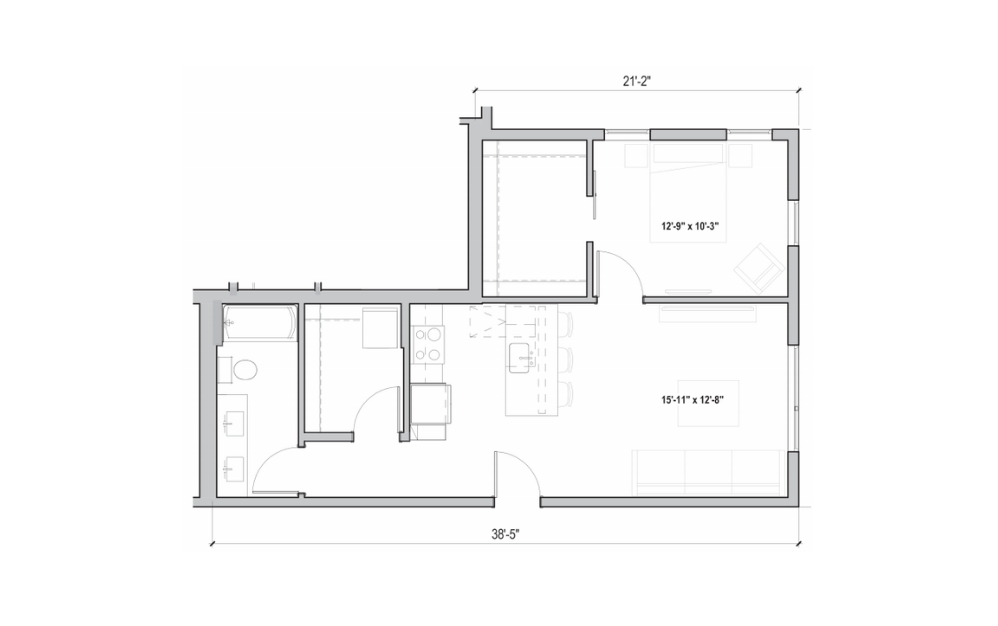 1.15 - 1 bedroom floorplan layout with 1 bathroom and 743 square feet (2D)