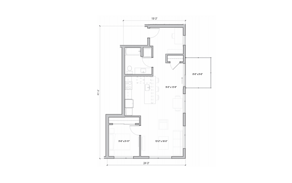 1.16 + D - 1 bedroom floorplan layout with 1 bath and 735 square feet. (2D)