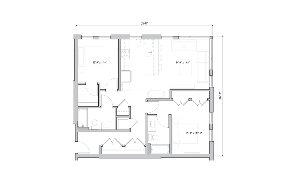 2.01 - 2 bedroom floorplan layout with 2 baths and 1073 to 1084 square feet. (2D)