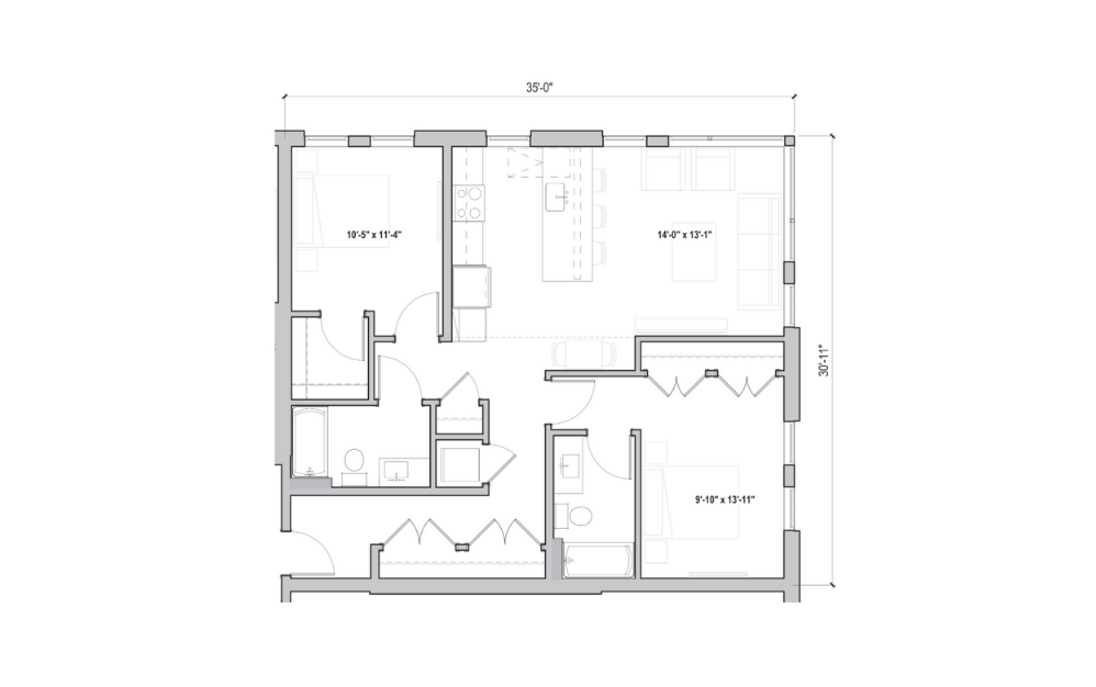 2.01 - 2 bedroom floorplan layout with 2 bathrooms and 1073 - 1084 square feet (2D)