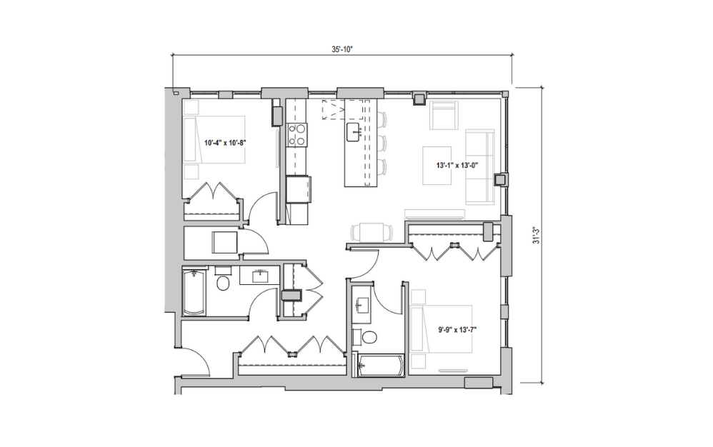 2.01 lvl 4 - 2 bedroom floorplan layout with 2 baths and 1084 square feet. (2D)