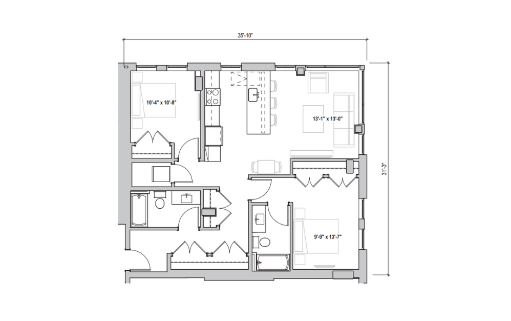 2.01 lvl 4 - 2 bedroom floorplan layout with 2 bathrooms and 1084 square feet (2D)