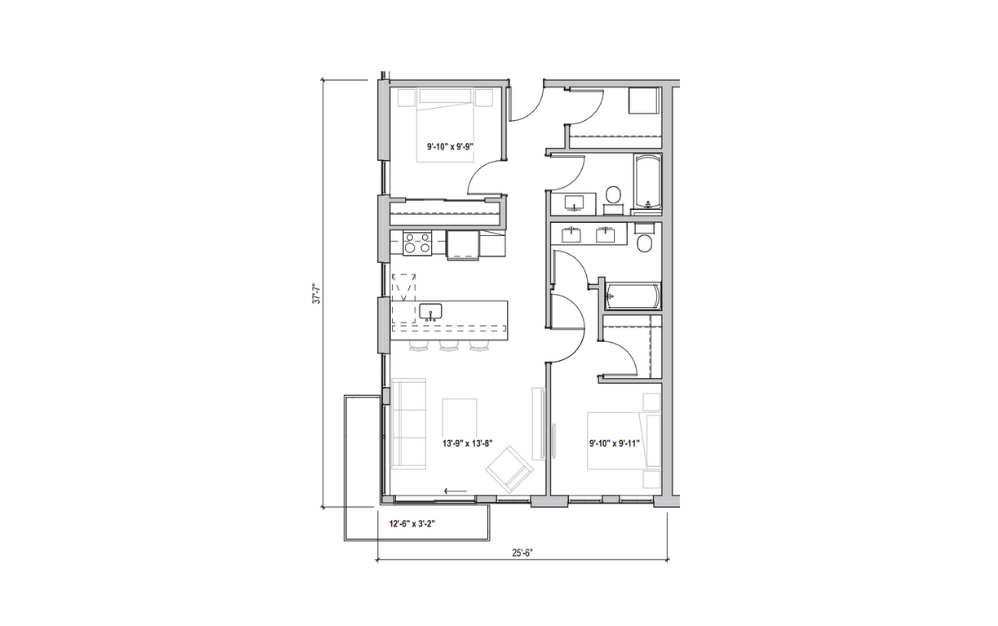 2.02 - 2 bedroom floorplan layout with 2 baths and 925 square feet. (2D)