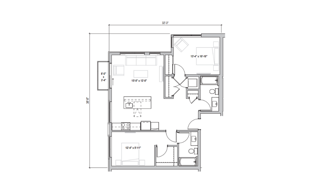 2.03 - 2 bedroom floorplan layout with 2 baths and 1036 square feet. (2D)